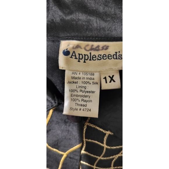 3848)Appleseed Silk Button Down Floral Geometric Black Gold Embroidery Jacket 1X - Picture 8 of 9